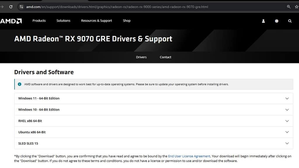 RX 9070 GRE Drivers & Support