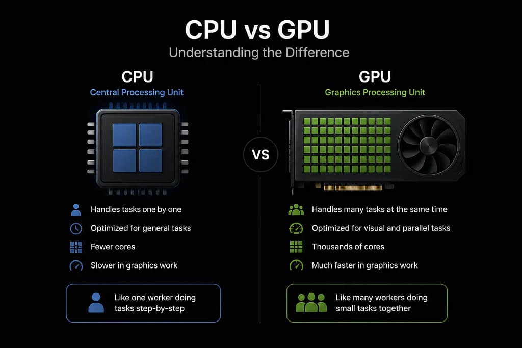 CPU vs GPU diagram showing GPU Uses in Multimedia